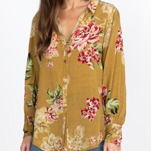 Johnny Was Mustard Yellow Vintage Rose Floral Yrene Silk Long Sleeve Blouse